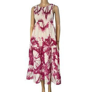 S/W/F Tie Dye Midi Dress Smocked Tiered A Line Sleeveless